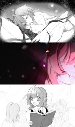 Rule 34 | 5girls, aged down, book, commentary, elf, elysia (honkai impact), highres, honkai (series), honkai impact 3rd, lying, mi (27782900), multiple girls, on side, open book, open mouth, partially colored, pink hair, pointy ears, short hair, sleeping, thumbnail collage