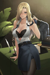 1girl belt black_belt black_bra black_jacket black_necktie black_skirt blonde_hair blush bomber_jacket bra breasts collarbone desk dress_shirt grey_eyes hair_over_one_eye highres hornet_(kancolle) inkwell jacket kantai_collection large_breasts long_hair looking_at_viewer necktie odachu open_clothes open_shirt pantyhose pen pencil_skirt quill shirt skirt sleeveless sleeveless_shirt underwear undressing white_shirt