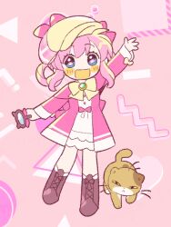 Rule 34 | 1girl, animal, arm up, blue eyes, blush stickers, boots, bow, cat, deerstalker, dress, full body, hair rings, hat, holding, holding magnifying glass, kamaboko (milky holmes), long sleeves, looking at viewer, magnifying glass, open mouth, pink hair, sherlock shellingford, smile, solo, tantei opera milky holmes, tsunoji