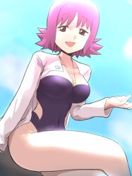 Rule 34 | 1girl, :d, absurdres, breasts, coat, collarbone, commentary request, day, happy, highres, long sleeves, looking down, nintendo, one-piece swimsuit, open clothes, open coat, open mouth, outdoors, pokemon, pokemon (anime), pokemon (classic anime), professor ivy, purple hair, short hair, sky, smile, solo, swimsuit, tairanoabokado