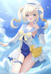 1girl absurdres animal_bag barbara_(genshin_impact) barbara_(summertime_sparkle)_(genshin_impact) bird blonde_hair blue_eyes blue_nails blue_one-piece_swimsuit blue_sky bow breasts casual_one-piece_swimsuit cloud collarbone covered_navel cowboy_shot detached_sleeves drill_hair duck flower genshin_impact hair_flower hair_ornament hat highres hyakuya_iori looking_at_viewer medium_breasts nail_polish official_alternate_costume one-piece_swimsuit open_mouth outdoors partially_submerged sailor_hat sky smile solo sparkle sunlight swimsuit thigh_gap thigh_strap twin_drills twintails water wet white_flower white_hat white_sleeves yellow_bow