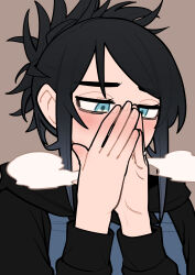 1girl absurdres apron aqua_eyes bags_under_eyes bento_girl_(kanke_(kank06020602)) black_hair black_hoodie blue_apron blue_eyes blush breath brown_background cold commentary_request fingernails furrowed_brow hand_blush hands_up highres hood hood_down hoodie kanke_(kank06020602) long_sleeves messy_hair original pale_skin portrait solo straight_hair