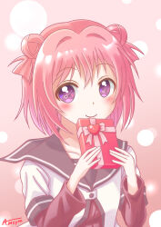 1girl akaza_akari artist_name blush box box_of_chocolates brown_sailor_collar chocolate double_bun dress food gift gift_box hair_bun heart highres holding holding_box holding_chocolate holding_food holding_gift layered_sleeves long_sleeves machiyama_akane nanamori_school_uniform purple_eyes red_hair sailor_collar sailor_dress school_uniform serafuku short_hair short_over_long_sleeves short_sleeves signature smile solo valent valentine yuruyuri