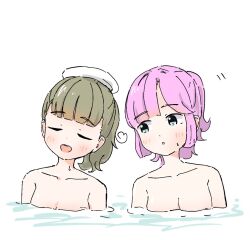 2girls :d ahoge anyoji_hime bare_shoulders blue_eyes blush breasts brown_hair cleavage closed_eyes collarbone commentary completely_nude heart heart_ahoge kachimachi_kosuzu link!_like!_love_live! looking_at_another looking_at_breasts love_live! medium_breasts medium_hair motion_lines multiple_girls nude open_mouth pink_hair ponytail same-sex_bathing shared_bathing side_ahoge simple_background small_breasts smile sweatdrop symbol-only_commentary tazaki_masanobu u_u virtual_youtuber white_background