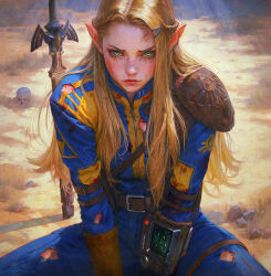 1girl armor belt blonde_hair blood blood_on_clothes blood_on_face bodysuit bracer fallout frown green_eyes hair_ornament hairpin highres jumpsuit master_sword nintendo oliver_wetter painterly pauldrons pip_boy planted planted_sword planted_weapon pointy_ears princess_zelda scar scar_on_face shoulder_armor single_pauldron skull solo sword the_legend_of_zelda torn_clothes vault_suit wasteland weapon wrist_computer