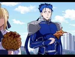1boy 1girl ahoge artoria_pendragon_(fate) blonde_hair blue_hair braid building corn_dog covered_abs cu_chulainn_(fate) cu_chulainn_(fate/stay_night) earrings faceless faceless_female fate/stay_night fate_(series) food holding holding_food jewelry letterboxed long_hair ponytail red_eyes saber_(fate) skyscraper uni_(unnny) very_long_hair