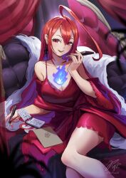 1girl ahoge blue_fire breasts cellphone collarbone dress earrings elizabeth_rose_bloodflame fire highres holding holding_pen holding_phone hololive hololive_english huge_ahoge jewelry khoaphan96 large_breasts long_hair looking_at_viewer lying nail_polish notepad on_side open_mouth pen phone red_dress red_eyes red_hair red_nails single_earring smartphone solo very_long_hair virtual_youtuber wide_sleeves