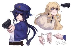 2girls blue_hair blue_hat blue_jacket clorinde_(genshin_impact) cuffs drill_hair drill_sidelocks genshin_impact gun handcuffs handgun hat highres holding holding_gun holding_weapon jacket long_hair multiple_girls navia_(genshin_impact) purple_eyes shirokaiii shirt sidelocks simple_background upper_body weapon white_background white_shirt