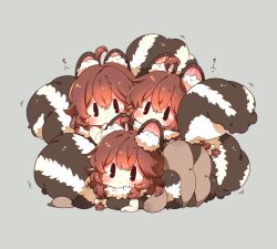 6+girls ahoge animal_ear_fluff ass black_leotard blush bow braid chibi chibi_only commentary dogpile fur_trim grey_background hair_bow leotard lying_on_person multiple_girls no_nose original pantyhose simple_background skunk_ears skunk_girl skunk_tail solid_oval_eyes symbol-only_commentary toconikky white_bow
