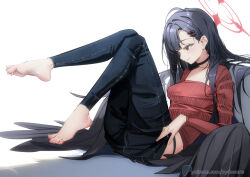 1girl barefoot black_eyes black_hair black_wings blue_archive blush feet ichika_(blue_archive) long_hair smile soles sydus toes wings