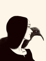 1girl animal animal_on_shoulder bird black_hair crow greyscale highres long_hair looking_at_animal looking_to_the_side monochrome original portrait solo tp_p_pt white_background