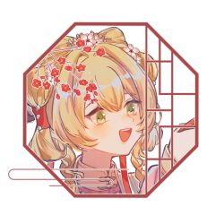 1girl :d blonde_hair border flower green_eyes hair_flower hair_ornament hand_up lattice long_hair official_alternate_costume open_mouth pink_flower portrait red_border red_flower reverse:1999 shuangyaji smile solo sotheby sotheby_(the_red_thread_of_fate) white_background yi_zui_hua_yue