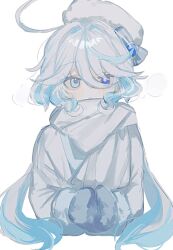 1girl :o ahoge alternate_costume beret blue_eyes blue_hair blush coat cropped_torso fur-trimmed_coat fur_trim furina_(genshin_impact) genshin_impact hat heterochromia inagoinaire looking_at_viewer mittens multicolored_hair scarf sidelocks simple_background solo streaked_hair twintails visible_air white_background white_coat white_hair white_hat white_scarf winter_clothes