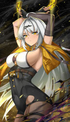 1girl black_gloves black_pantyhose black_shorts breasts commentary elbow_gloves fingerless_gloves gloves high-waist_shorts highres holding indy_k jacket large_breasts long_hair ofuda pantyhose shirt shorts sideboob solo very_long_hair white_hair white_shirt yellow_eyes yellow_jacket yi_xuan_(zenless_zone_zero) zenless_zone_zero