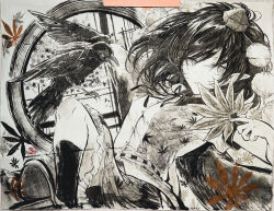 Rule 34 | 1girl, absurdres, animal, bird, commentary request, crow, fine art parody, frills, greyscale, hat, hauchiwa, highres, hisona (suaritesumi), holding, kneehighs, leaf, leaf print, looking at viewer, medium hair, monochrome, neck ribbon, nihonga, parody, photo (medium), pointy ears, pom pom (clothes), print shirt, ribbon, seal impression, shameimaru aya, shirt, short sleeves, socks, solo, tokin hat, touhou, traditional media, wings
