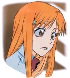 Rule 34 | 1girl, bleach, bow, brown eyes, highres, inoue orihime, karakura high school uniform, n (nauki 11), orange hair, red bow, simple background, tagme
