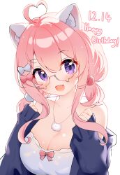 1girl :d absurdres ahoge animal_ear_fluff animal_ears babydoll bare_shoulders bow breasts cardigan cat_ears chinese_commentary collarbone commentary_request dated fang glasses grey-framed_eyewear hair_bobbles hair_bow hair_ornament hands_up heart heart_ahoge highres jewelry large_breasts light_particles looking_at_viewer low_twintails multiple_hair_bows necklace off_shoulder open_cardigan open_clothes open_mouth original pink_bow pink_hair purple_cardigan purple_eyes raised_eyebrows short_hair_with_long_locks short_twintails skin_fang smile solo tian_yang twintails upper_body white_babydoll white_background white_bow