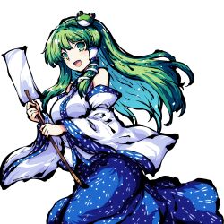 1girl absurdres bare_shoulders breasts detached_sleeves frog_hair_ornament gohei green_eyes green_hair hair_ornament hair_tubes highres holding holding_gohei kochiya_sanae large_breasts long_hair looking_at_viewer open_mouth pioartstuff simple_background skirt snake snake_hair_ornament solo tokiame_(style) touhou white_background wide_sleeves