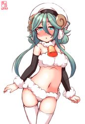 1girl alternate_costume animal_costume animal_ears artist_logo bikini commentary_request dated detached_sleeves female_focus fur_bikini green_eyes green_hair hair_between_eyes highres horns kanon_(kurogane_knights) kantai_collection logo long_hair parted_bangs sheep_costume sheep_ears sheep_girl sheep_horns sidelocks simple_background solo swimsuit thighhighs white_background white_bikini white_headwear wool yamakaze_(kancolle)