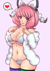 1girl absurdres blush bra breasts butterfly_hair_ornament cleavage closed_mouth creatures_(company) fur_jacket game_freak green_thighhighs hair_ornament hairband highres jacket klara_(pokemon) large_breasts looking_at_viewer medium_hair misune_art navel nintendo panties pink_hair pokemon pokemon_swsh purple_eyes purple_thighhighs smile solo stomach thighhighs thighs underwear white_bra white_hairband white_jacket white_panties
