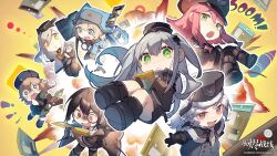 Rule 34 | !, !!, 6+girls, @ @, animal ear headwear, animal ears, animal print, ash arms, backpack, bag, beanie, belt, belt buckle, belt collar, black belt, black capelet, black footwear, black gloves, black hair, black hairband, black hat, black jacket, black necktie, black skirt, black thighhighs, blonde hair, blue bag, blue eyes, blue hat, blue shirt, boots, braid, brown bag, brown hair, buckle, bullet, buttons, capelet, cat ears, character request, chibi, closed mouth, coat, collar, collared coat, collared jacket, collared shirt, commentary request, copyright notice, cross, cross hair ornament, cross print, crossed arms, double-breasted, earflap beanie, explosion, eyelashes, fake animal ears, file, frown, fur-trimmed boots, fur-trimmed capelet, fur-trimmed headwear, fur-trimmed shirt, fur trim, gloves, glowing, green eyes, green jacket, grey belt, grey coat, grey hair, grey jacket, grey pantyhose, grey shirt, hair between eyes, hair ornament, hair tubes, hairband, hammer, hand on own hip, hat, high collar, highres, holding, holding hammer, huge weapon, jacket, lapels, long hair, long sleeves, looking at viewer, low twin braids, low twintails, lower teeth only, milestone celebration, military hat, military uniform, miniskirt, monocle, multiple girls, necktie, nervous smile, nervous sweating, notched lapels, official art, open belt, open clothes, open coat, open jacket, open mouth, outstretched arm, pantyhose, parted lips, pink eyes, pink hair, pleated skirt, puffy long sleeves, puffy sleeves, rabbit print, red-framed eyewear, red eyes, ribbon-trimmed coat, ribbon trim, round eyewear, sailor hat, scared, shirt, shoe belt, short hair, short twintails, shoulder bag, sidelocks, skirt, sleeves past fingers, sleeves past wrists, smile, sparkle, star (symbol), star print, straight hair, striped clothes, striped shirt, surprised, sweat, teeth, thighhighs, turn pale, turtleneck, turtleneck shirt, twin braids, twintails, two side up, v-shaped eyebrows, vertical-striped clothes, vertical-striped shirt, very long hair, vest, weapon, white hair, white necktie, white shirt, white vest, wide-eyed, wide sleeves, yellow background, yellow eyes, yellow pupils, yuhong