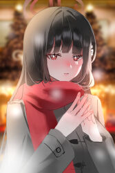 1girl absurdres alternate_costume black_hair blue_archive blurry blurry_background blush bright_pupils closed_mouth coat emduck grey_coat hair_ornament hairpin halo highres korean_commentary long_hair long_sleeves looking_at_viewer mixed-language_commentary red_eyes red_scarf rio_(blue_archive) scarf sketch solo white_pupils