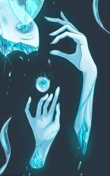 Rule 34 | 1other, androgynous, aqua eyes, aqua hair, black background, blue eyes, blue hair, blue theme, body horror, broken, broken arm, crystal, eyeball, eyelashes, falling, fingernails, glint, highres, houseki no kuni, looking at viewer, nukumorineko, other focus, out of frame, phosphophyllite, severed arm, severed hand, severed limb, shards, solo, sparkle