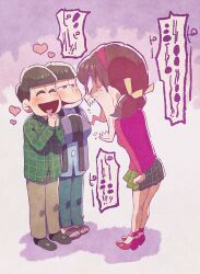 1girl 2boys ^_^ alternate_costume anger_vein angry aoki_(fumomo) aqua_pants black_sandals blue_shirt blunt_bangs bow brothers brown_eyes brown_hair brown_pants brown_shoes buttons clenched_hand closed_eyes collared_shirt dress_shoes dripping full_body gradient_background green_shirt green_skirt hair_bow hairband half-closed_eyes haori happy heart heart_in_mouth high_heels interlocked_fingers jacket japanese_clothes long_sleeves looking_at_another low_twintails mask matsuno_choromatsu matsuno_ichimatsu medium_hair miniskirt mouth_mask multiple_boys open_mouth osomatsu-san osomatsu_(series) own_hands_clasped own_hands_together pants pink_hairband pink_shirt plaid_clothes plaid_shirt plaid_skirt pleated_skirt pumps purple_background purple_jacket red_shoes saliva sandals screaming shadow sharp_teeth shirt shoes short_hair short_twintails siblings skirt sleeves_past_fingers sleeves_past_wrists smile smirk speech_bubble standing teeth toes tongue translation_request twintails white_mask wide-eyed wide_sleeves yellow_bow yowai_totoko