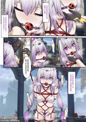 1girl arms_behind_back ball_gag bdsm black_coat black_gloves bondage bound bra castorice_(honkai:_star_rail) coat collarbone commentary_request gag gloves grey_hair highres honkai:_star_rail honkai_(series) long_hair navel panties pointy_ears purple_eyes purple_hair red_rope restrained rope shibari shirt stelle_(honkai:_star_rail) thighhighs trailblazer_(honkai:_star_rail) translation_request twintails underwear white_bra white_panties white_shirt white_thighhighs yiduan_zhu