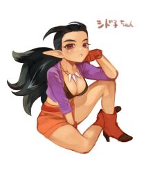 1girl arm_between_legs asuka_(pixiv3381855) belt black_bra black_hair boots bra breasts character_name cleavage collarbone commentary_request dark-skinned_female dark_skin dragon_quest dragon_quest_builders_2 genderswap genderswap_(mtf) gloves hair_horns hand_on_own_cheek hand_on_own_face high_heel_boots high_heels jacket jewelry knee_up large_breasts looking_at_viewer looking_to_the_side low_ponytail necklace orange_shorts pointy_ears ponytail puffy_shorts purple_jacket red_belt red_boots red_eyes red_gloves shorts sidoh_(dqb2) sitting solo spiked_hair tooth_necklace underwear white_background