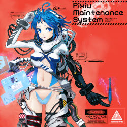 1girl bad_id bad_pixiv_id blue_eyes blue_hair cable chikokuma english_text female_focus headphones maebari matching_hair/eyes pen personification pixiv pixiv-tan red_background short_hair solo tape thighhighs