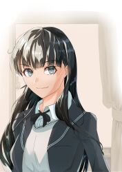 Rule 34 | 1girl, absurdres, alternate eye color, amagami, ayatsuji tsukasa, black bow, black bowtie, black hair, black jacket, black sailor collar, blazer, bow, bowtie, closed mouth, commentary, curtains, grey eyes, grey sweater vest, highres, jacket, kibito high school uniform, long hair, looking at viewer, morimonison, sailor collar, school uniform, sweater vest, upper body