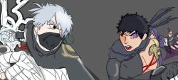 2boys absurdres black_hair grey_background hatake_kakashi highres male_focus mask multiple_boys naruto naruto_(series) naruto_mobile:_the_wandering_savior non-web_source oni_mask red_eyes rinnegan ronin_obito scar scar_on_face short_hair simple_background sword uchiha_obito weapon white_hair