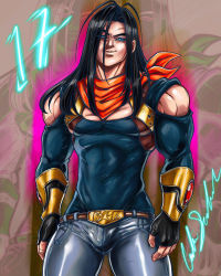 1boy abs android aura bare_shoulders black_hair blue_eyes cleavage_cutout clothing_cutout denim dragon_ball dragon_ball_gt energy fusion gloves highres jeans long_hair looking_at_viewer male_focus muscular muscular_arms muscular_back muscular_legs muscular_male ornament pants pectorals power smile smirk smug super_17 super_android_17 suspenders