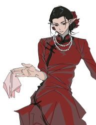 1girl baldur&#039;s_gate baldur&#039;s_gate_3 black_hair breasts cazador_szarr china_dress chinese_clothes chinese_commentary dress dungeons_&amp;_dragons dungeons_&amp;_dragons earrings fangs flower genderswap genderswap_(mtf) hair_bun hair_flower hair_ornament handkerchief highres jewelry mandarin_collar mature_female medium_breasts necklace pankou pearl_necklace pointy_ears red_eyes ring shanghai_neckline sitting solo white_background whxqxqaaa!