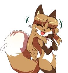 +++ 1girl :3 :d animal_ears animal_nose averi_(fiddleafox) body_fur brown_fur brown_hair commentary cowboy_shot english_commentary closed_eyes fangs fiddleafox fox_ears fox_girl fox_tail furry furry_female hand_on_own_cheek hand_on_own_face long_hair open_mouth original red_fox simple_background smile snout solo standing tail tail_wagging white_background white_fur yellow_fur