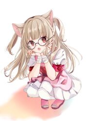1girl :o animal_ear_fluff animal_ears apron armband bandaged_wrist bandages black-framed_eyewear brown_hair cat_ears dress fang glasses hands_up heart highres kemonomimi_mode long_hair looking_at_viewer natori_sana natori_sana_(nurse) nurse pink_apron pink_sandals pleated_dress puffy_short_sleeves puffy_sleeves red_eyes rino_cnc round_eyewear sana_channel sandals short_sleeves solo squatting two_side_up very_long_hair virtual_youtuber white_background white_dress