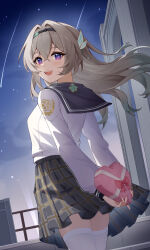 Rule 34 | 1girl, absurdres, arms behind back, black sailor collar, black skirt, blush, box, box of chocolates, comet, commentary, crossed bangs, dutch angle, firefly (honkai: star rail), firefly (spring missive) (honkai: star rail), floating hair, from behind, grey hair, hair between eyes, hair intakes, hair ornament, hairband, heart-shaped box, high-waist skirt, highres, holding, holding box, honkai: star rail, honkai (series), long hair, long sleeves, looking at viewer, looking back, night, night sky, official alternate costume, open mouth, plaid clothes, plaid skirt, pleated skirt, purple eyes, railing, rooftop, sailor collar, school uniform, serafuku, shirt, shirt tucked in, sidelocks, skirt, sky, smile, solo, spotlight, standing, star (sky), starry sky, thighhighs, thighs, turning head, upper body, very long hair, white shirt, white thighhighs, youmi kong xiang