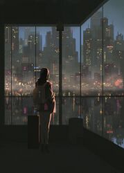 Rule 34 | 1girl, absurdres, arowana2111, backpack, bag, black boots, black jacket, boots, building, charm (object), cityscape, commentary, english commentary, hands in pockets, high heel boots, high heels, highres, hood, hooded jacket, indoors, jacket, long sleeves, night, original, scenery, skyscraper, solo, window