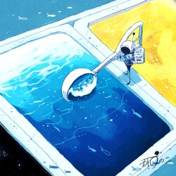 1other absurdres antennae astronaut backpack bag fish full_body helmet highres holding holding_spoon ice_cream_spoon kazunoko_(kazunoko_zunoco) original signature space_helmet spoon standing water waves
