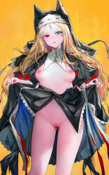 Rule 34 | 1girl, archetto (arknights), archetto (glory of the devout) (arknights), arknights, blonde hair, breasts, censored, clothes lift, commentary request, feet out of frame, forehead, heterochromia, highres, lifting own clothes, long hair, long sleeves, looking at viewer, mosaic censoring, nipples, no panties, nun, official alternate costume, open mouth, orange background, pussy, shrug (clothing), simple background, skirt, skirt lift, small breasts, solo, standing, v-shaped eyebrows, veil, very long hair, yuuki mix