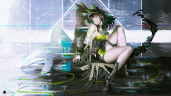 2girls absurdres animal_ears arknights black_boots black_hair boots breasts chromatic_aberration closed_eyes commentary_request dress english_text full_body glitch green_dress green_eyes highres holding_hands interlocked_fingers kal&#039;tsit_(arknights) looking_at_another mackia medium_breasts medium_hair mon3tr_(arknights) multiple_girls parted_lips sitting solo tail thigh_strap thighhighs thighs wind
