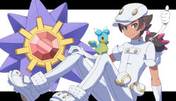 1boy aether_foundation_employee aether_foundation_employee_(male) arm_support banned_artist brown_hair closed_mouth commentary_request creatures_(company) dark-skinned_male dark_skin forgotten_artist game_freak gen_1_pokemon gen_4_pokemon gen_7_pokemon gloves grey_eyes hand_on_own_knee hat highres jumpsuit male_focus nintendo pokemon pokemon_(creature) pokemon_sm pyukumuku shellos shellos_(east) shoes short_hair sitting sleeves_rolled_up smile split_mouth starmie thumbs_up white_footwear white_gloves white_headwear white_jumpsuit
