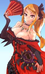 1girl black_bow bow braid breasts bridal_gauntlets choker cleavage dress earrings flower folding_fan hair_bow hand_fan holding holding_fan jewelry large_breasts long_hair looking_at_viewer necklace off-shoulder_dress off_shoulder orange_hair paper_fan priscilla_barielle purple_flower purple_rose re:zero_kara_hajimeru_isekai_seikatsu red_dress red_eyes rose sky smile sparkle standing temushi_(tmsanai)
