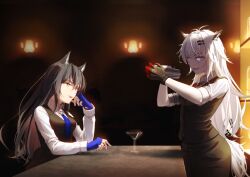 2girls absurdres animal_ear_fluff animal_ears arknights bar_(place) bartender black_gloves black_hair black_skirt black_vest blue_eyes blue_gloves blue_necktie bolo_tie collared_shirt commentary_request counter dconan_owo eye_contact fingerless_gloves glass gloves hair_between_eyes hair_ornament hairclip hand_on_own_face highres holding indoors lappland_(arknights) long_hair long_sleeves looking_at_another multiple_girls necktie official_alternate_costume open_mouth partial_commentary red_gloves scar scar_across_eye scar_on_face sharp_teeth shirt skirt sleeves_rolled_up smile teeth texas_(arknights) texas_the_omertosa_(arknights) vest white_hair white_shirt wolf_ears wolf_girl yellow_eyes