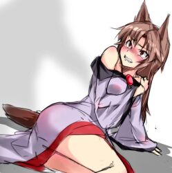 1girl animal_ears blush brooch brown_hair clenched_teeth dress glaring imaizumi_kagerou jewelry ototobe red_eyes solo tail teeth touhou wolf_ears wolf_girl wolf_tail