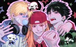 Rule 34 | 3boys, antenna hair, backwards hat, bad link, bandaid, black background, black hair, blonde hair, blowing bubble gum, blue eyes, blue hoodie, blunt bangs, boomer (ppg), brick (ppg), brothers, butch (ppg), chewing gum, clenched hand, earrings, green eyes, green shirt, grin, gyuing666, hat, headphones, highres, hood, hoodie, hug, jewelry, long hair, looking at viewer, multiple boys, orange hair, parted bangs, powerpuff girls, red eyes, red hat, red hoodie, rowdyruff boys, sharp teeth, shirt, siblings, side-by-side, smile, spiked hair, star (symbol), teeth, tongue, tongue out, waving