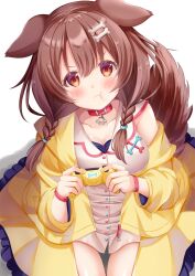 Rule 34 | 1girl, absurdres, animal ears, blush, bone hair ornament, braid, collarbone, controller, dog ears, dog girl, dog tail, game controller, hair ornament, hajime yo, highres, holding, holding controller, holding game controller, hololive, inugami korone, pout, shirt, solo, tail, twin braids, virtual youtuber, white shirt