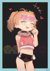 +++ 1girl absurdres anger_vein antenna_hair aqua_eyes aqua_nails bkbbkbkk black_shorts commentary cropped_hoodie crying_emoji emoji english_commentary eyewear_on_head glasses half-closed_eyes highres hood hoodie leather_shorts mesugaki midriff nail_polish navel open_mouth orange_hair original pink-framed_eyewear short_hair shorts sleeveless sleeveless_hoodie solo teeth twintails upper_teeth_only