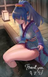 Rule 34 | 1girl, absurdres, bathrobe, blue hair, blush, bow, breasts, cleavage, closed mouth, collarbone, commission, crossed bangs, green eyes, hair between eyes, hair bow, highres, indie virtual youtuber, kiara (kiarastreams) (vtuber), long hair, looking at viewer, onsen, purple bow, shozakana, smile, soaking feet, solo, thank you, thick thighs, thighs, virtual youtuber, water, wet, wooden floor, wooden wall
